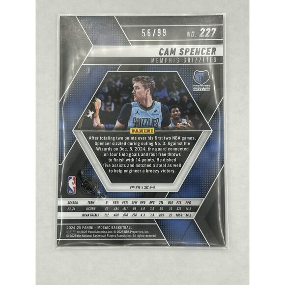 2024-25 Panini Mosaic Basketball Cam Spencer Purple /99 RC Grizzlies - Picture 2 of 2